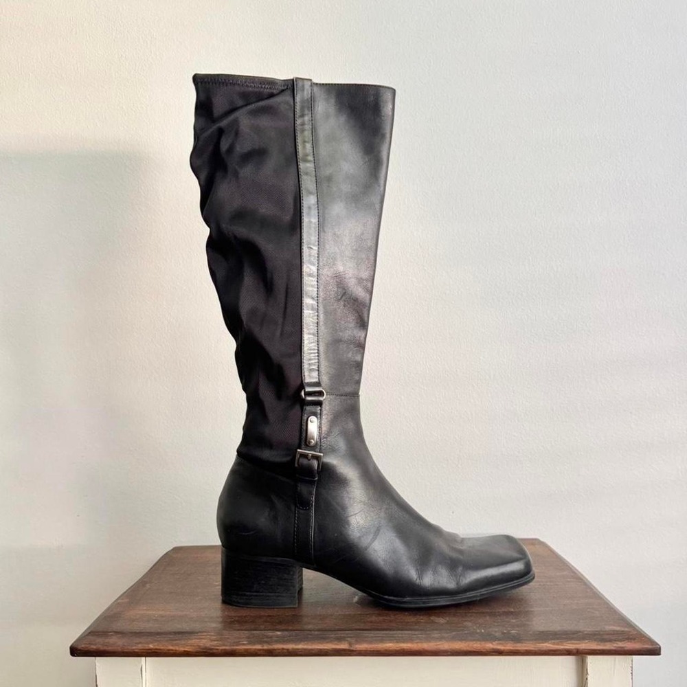 Black leather 90s square toe knee-high boot